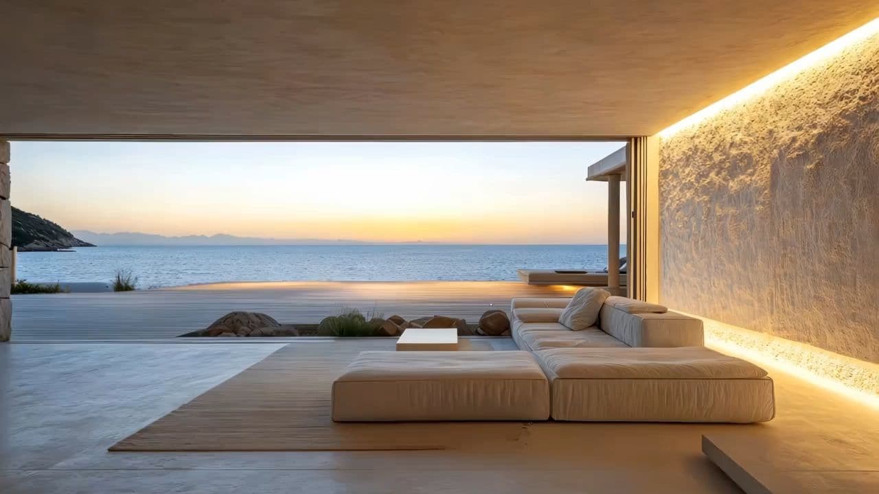 Slim-frame sliding glass doors opening a living space to the outside